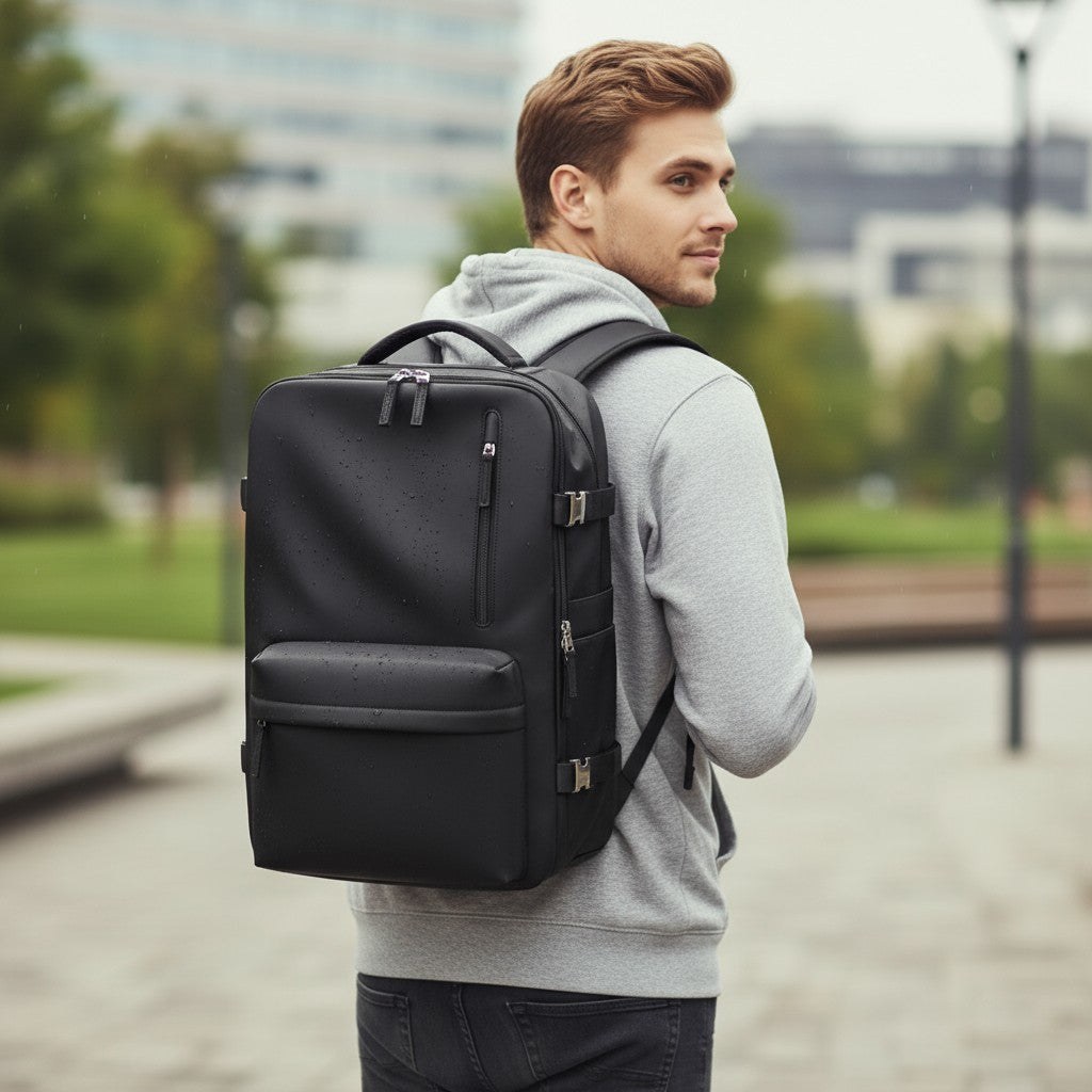 Homme portant un sac à dos de voyage noir extensible 23–39L avec port USB, format cabine.