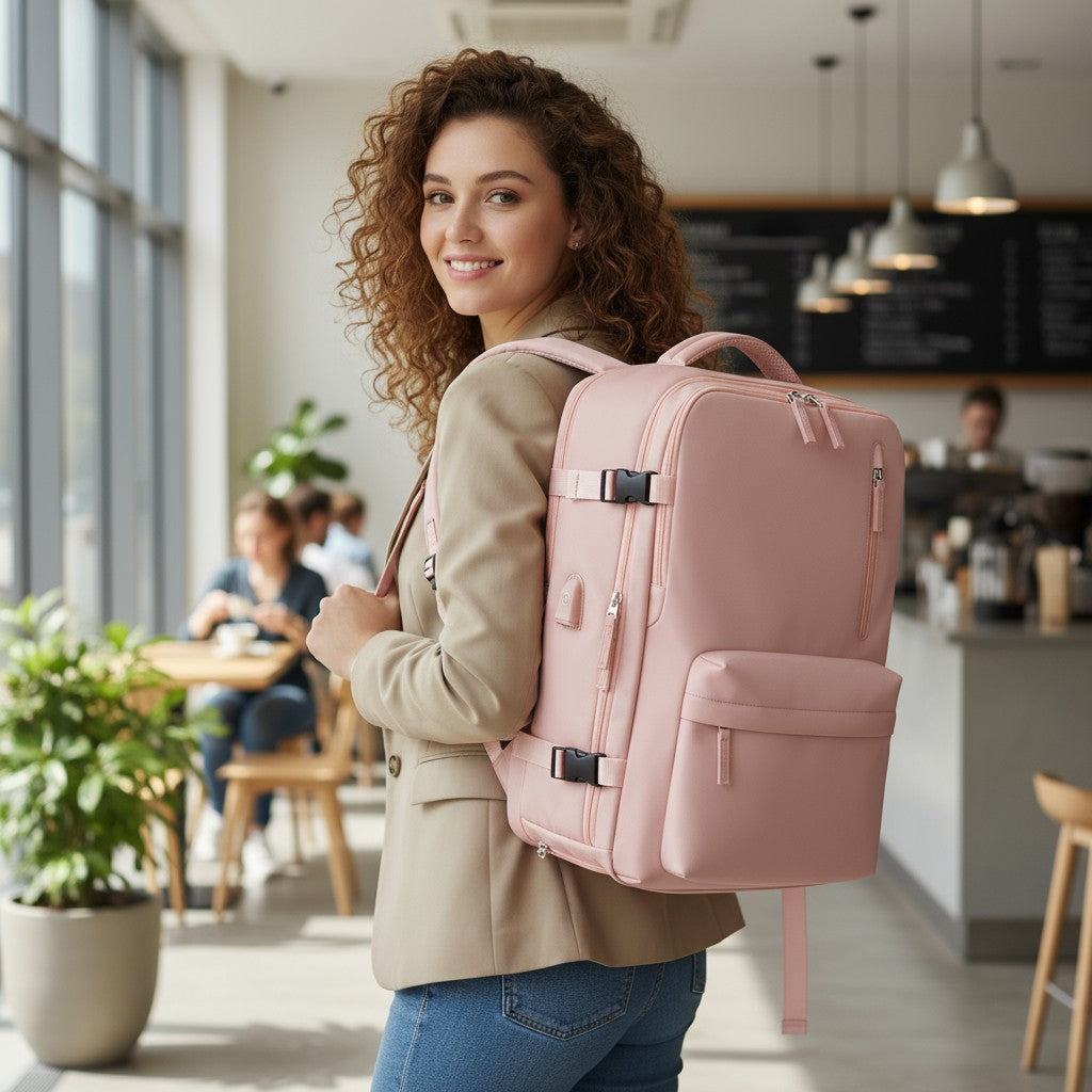 Femme portant un sac à dos de voyage rose extensible 23–39L avec port USB, design urbain.