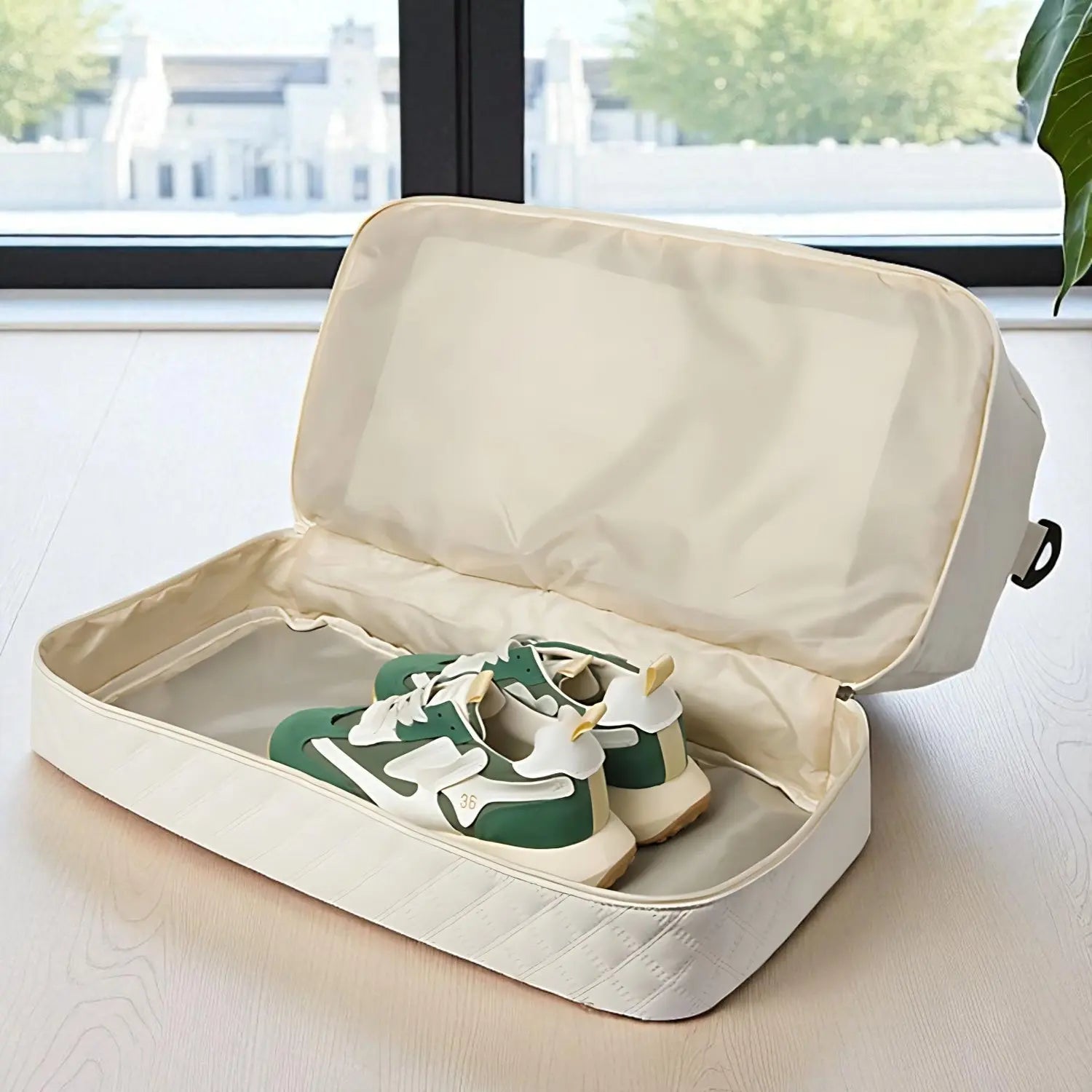 Compartiment inférieur d’un sac de voyage femme beige avec chaussures rangées