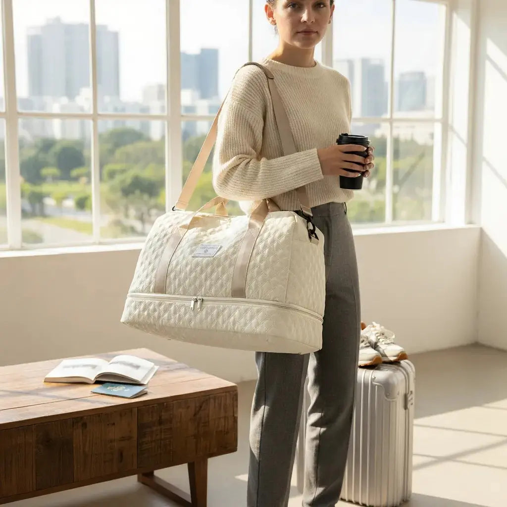 Femme tenant un sac de voyage femme beige imperméable avec trolley