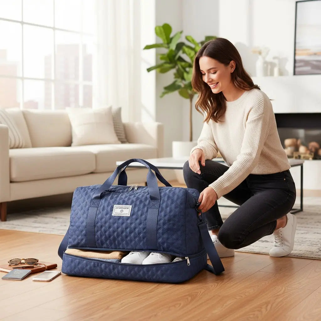 Femme utilisant un sac de voyage femme bleu marine matelassé à la maison