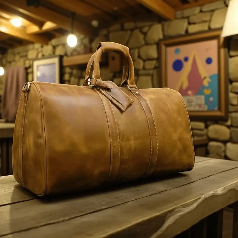 Sac de voyage homme en cuir véritable marron clair vu en perspective