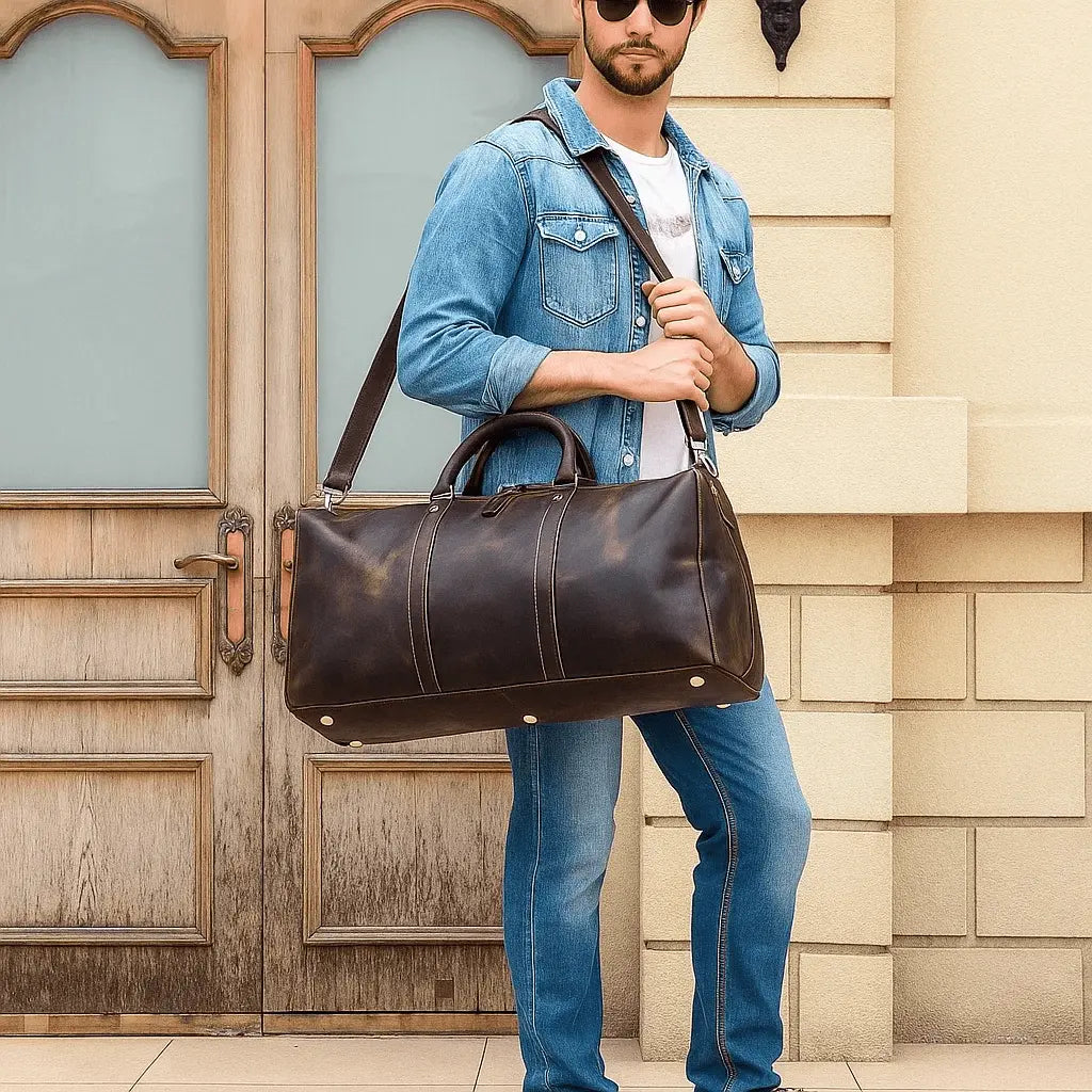 Homme portant un sac de voyage en cuir véritable Crazy Horse marron foncé sur l’épaule, style vintage et élégant