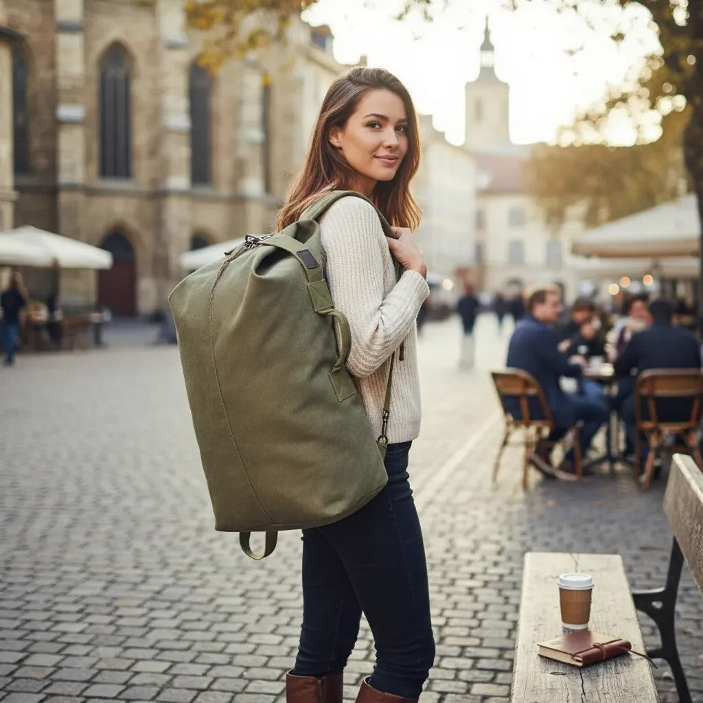 Femme portant un sac à dos de voyage en toile robuste vert clair en extérieur