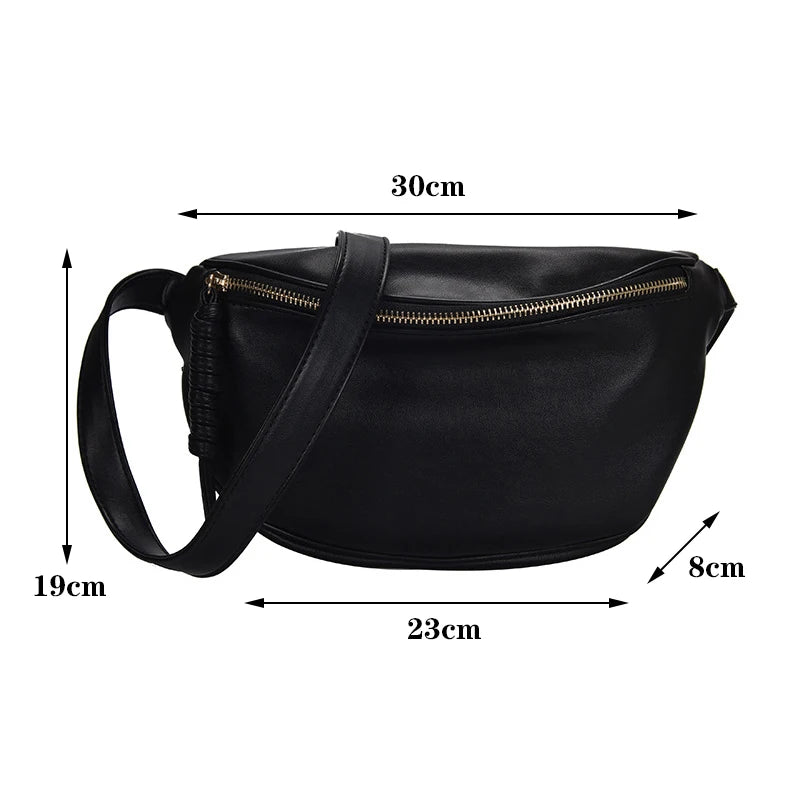 Sac banane femme en cuir PU noir avec dimensions 30 × 19 × 8 cm affichées