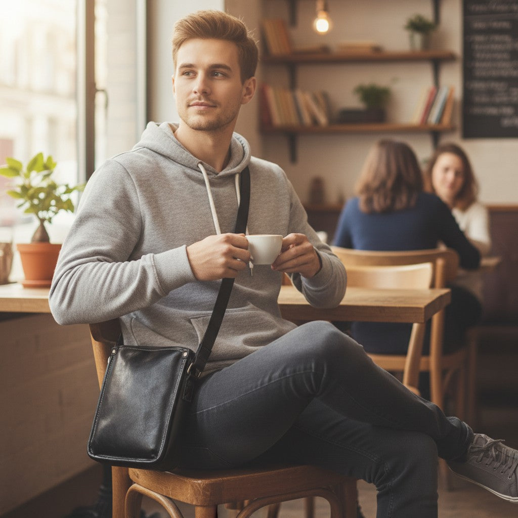 Homme assis en café avec une sacoche en cuir noire posée à côté en bandoulière