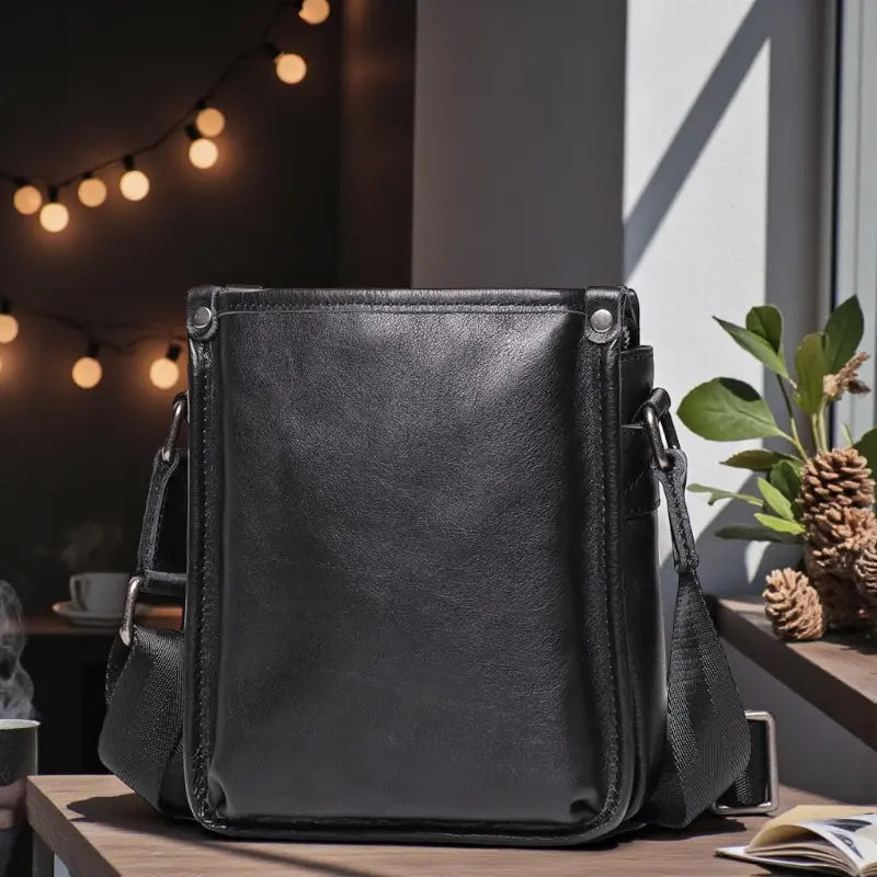 Sacoche en cuir noire pour homme posée en intérieur avec éclairage chaleureux