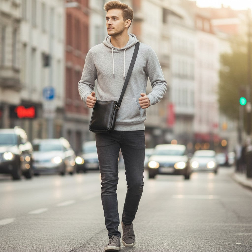 Homme marchant en ville avec une sacoche en cuir noire portée en bandoulière