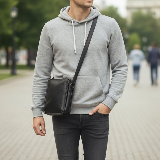 Homme en extérieur portant une sacoche en cuir noire au format vertical en bandoulière