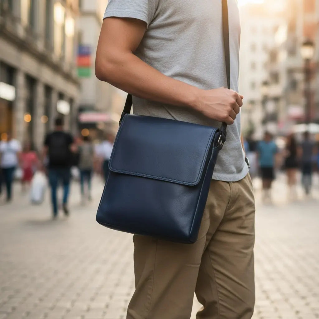 Sacoche en cuir bleu porté en bandoulière par un homme dans la rue.