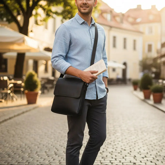 Sacoche en cuir noir porté en bandoulière par un homme dans la rue.