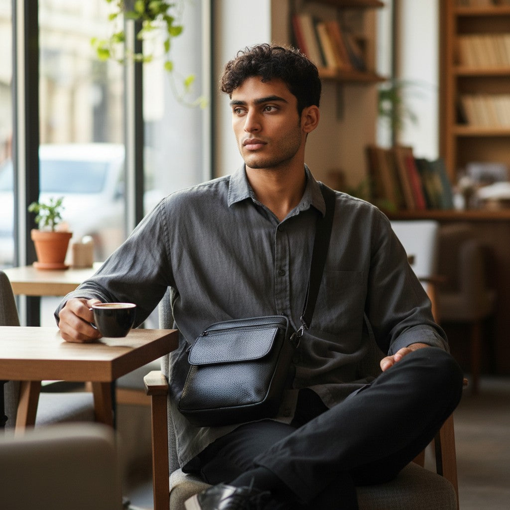 Sacoche homme en cuir portée en bandoulière lors d’une scène lifestyle assis au café