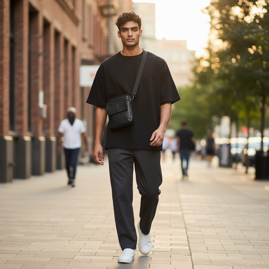Sacoche homme en cuir portée en bandoulière pendant la marche en rue urbaine