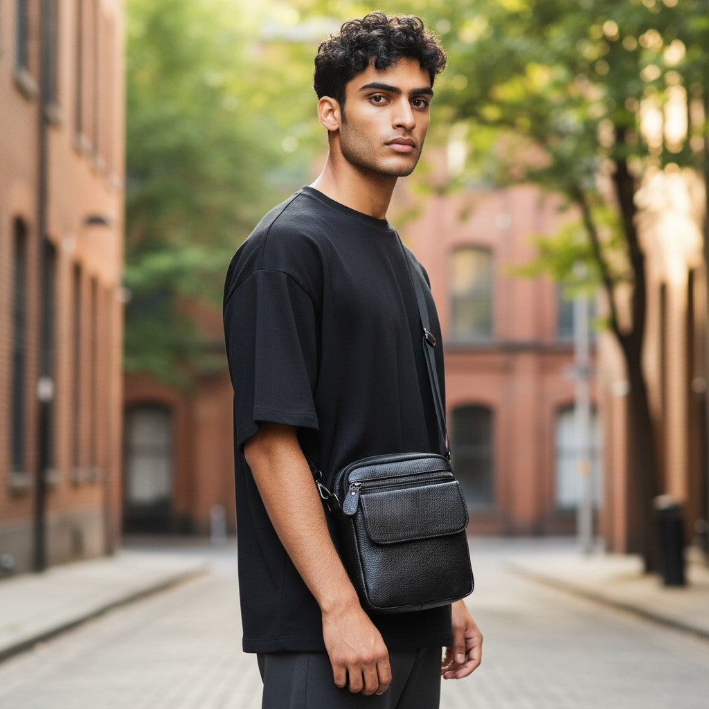 Sacoche homme en cuir portée en bandoulière en extérieur vue de face