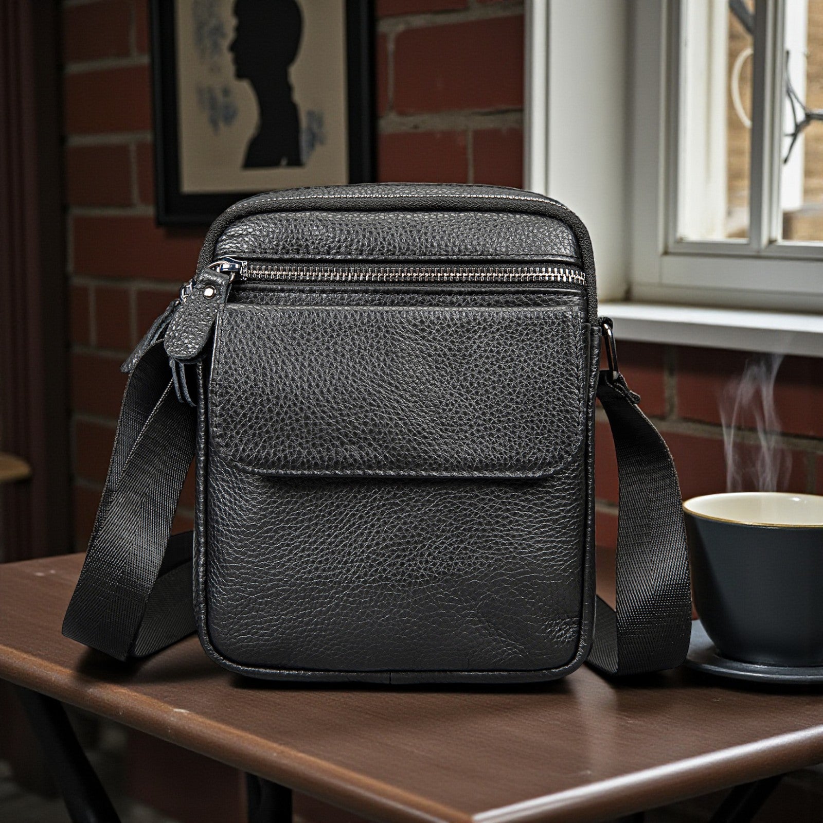 Sacoche homme en cuir posée sur une table vue avant avec poches zippées