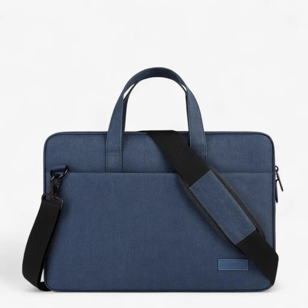 Sacoche ordinateur bleu présentée fermée.