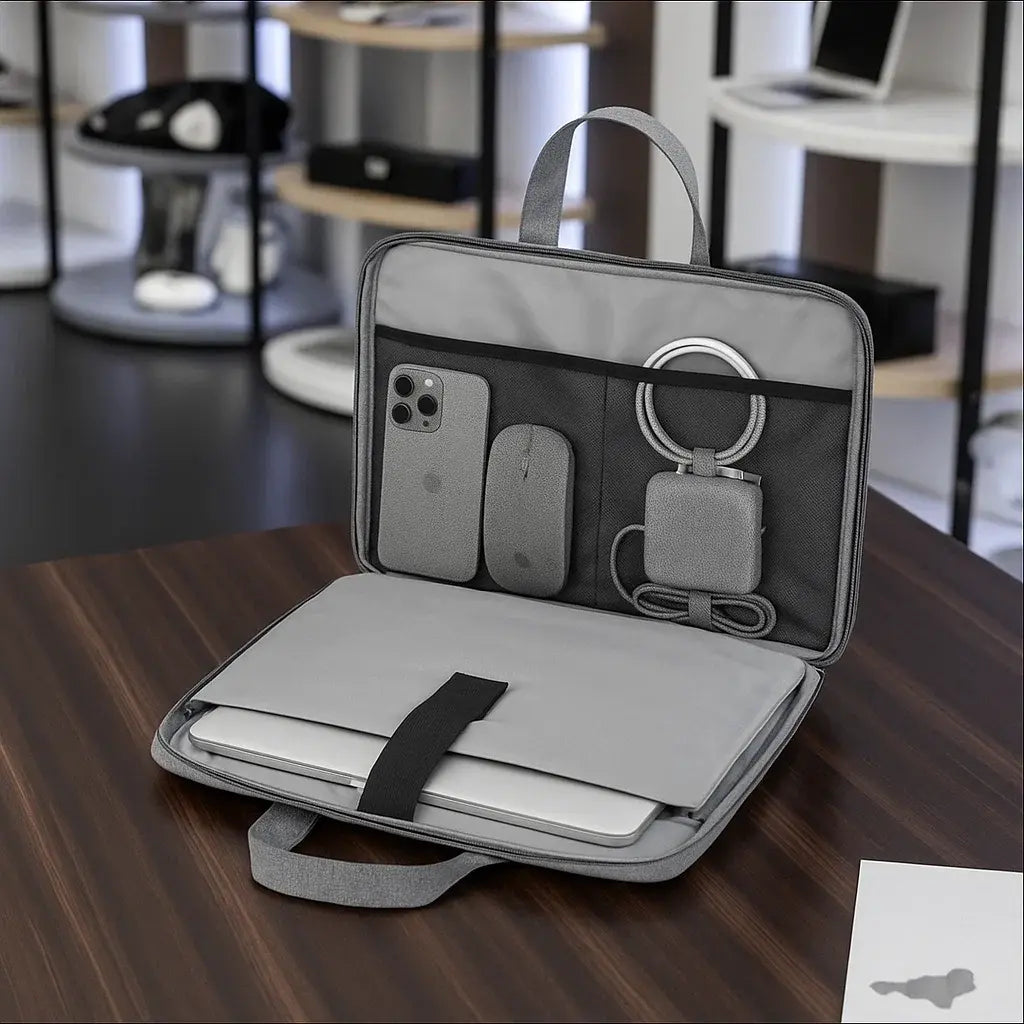 Sacoche ordinateur gris foncé présentée fermée et ouverte avec intérieur visible