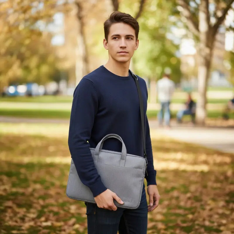 Jeune homme porte en bandoulière un sac ordinateur en toile grise.