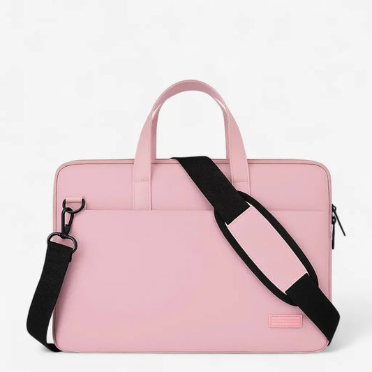 Sacoche ordinateur rose présentée fermée.