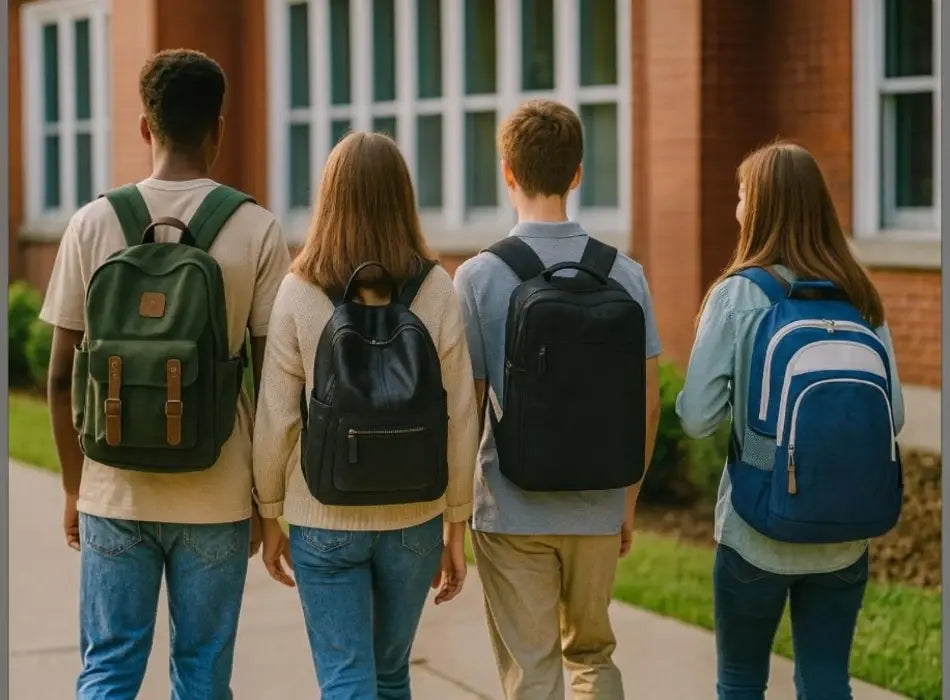 Élèves de collège et lycée portant des sacs à dos dans une cour d’école