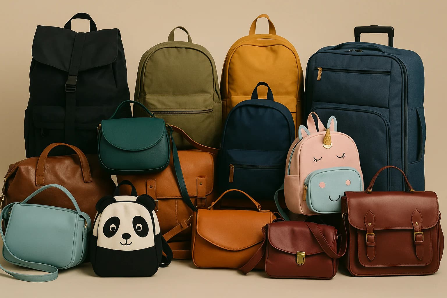 Sacs à dos, sacs bandoulière et valise bleue avec deux sacs enfant panda et licorne