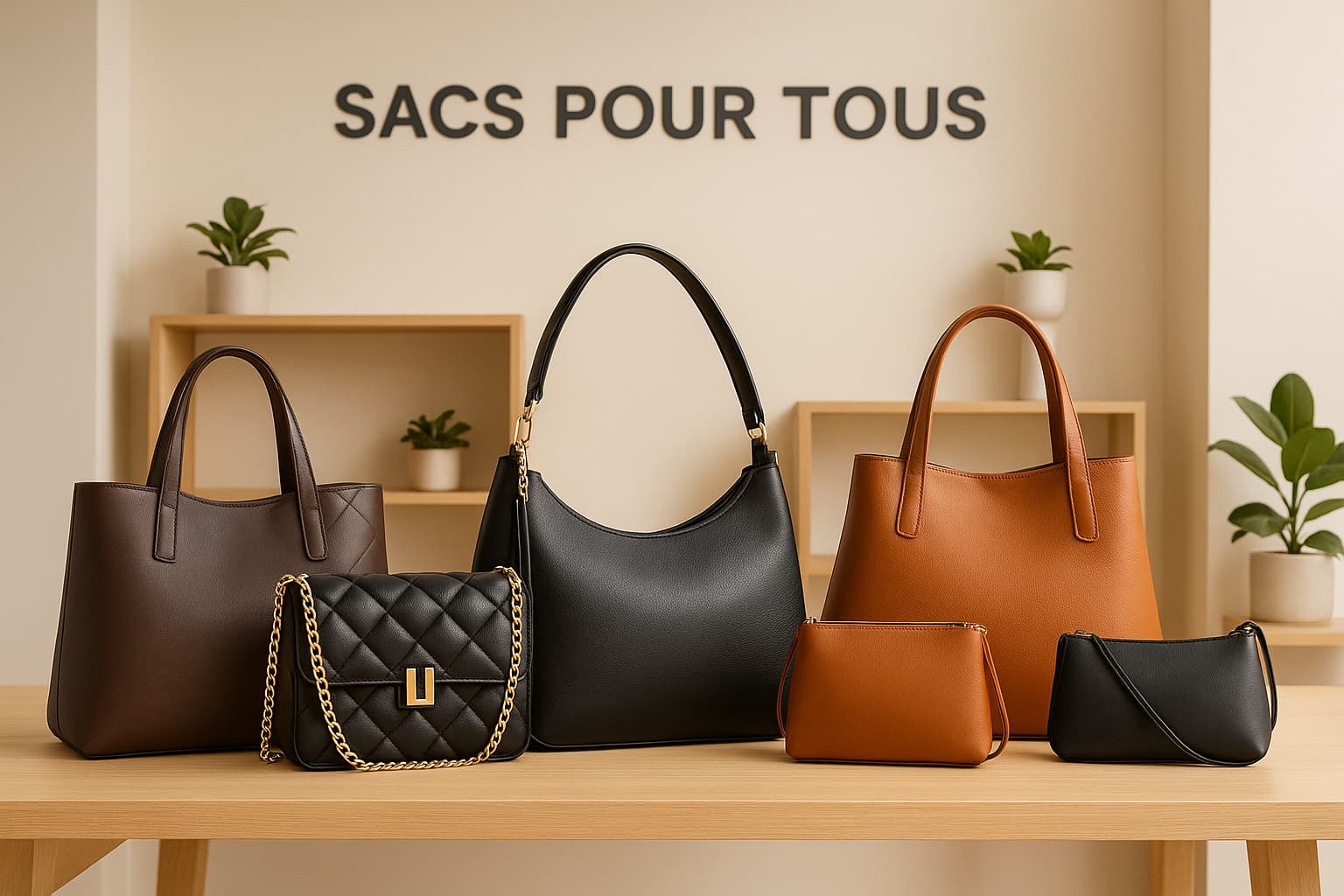 Sacs à main noirs et marron posés sur une table – page FAQ