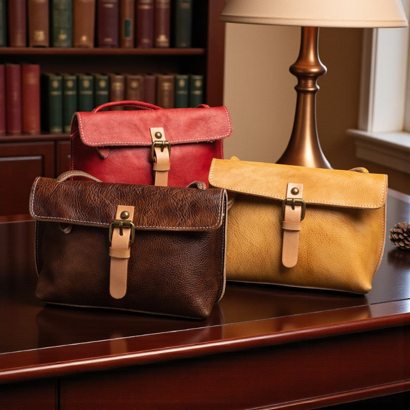 Ensemble de sacs bandoulière rétro en cuir café, jaune et rouge posés sur un bureau en bois.