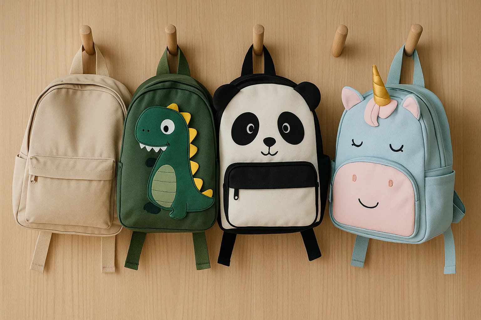 Quatre sacs à dos enfant suspendus sur patères en bois : beige, dinosaure vert, panda, licorne bleue