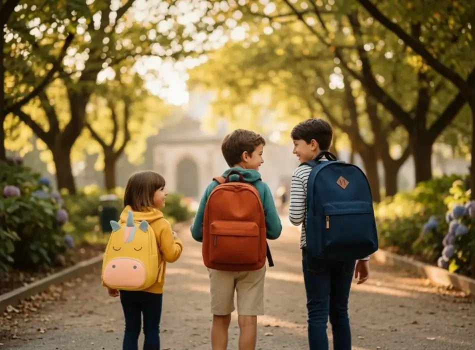 Enfants avec sacs scolaires marchant dans un parc avant l’école