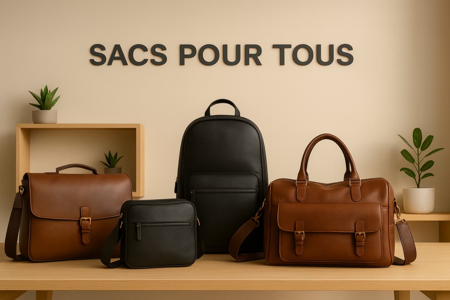 Sacs pour homme en cuir sur table : sac à dos noir, besace marron, sacoche noire et sac de voyage marron avec “SACS POUR TOUS” au mur