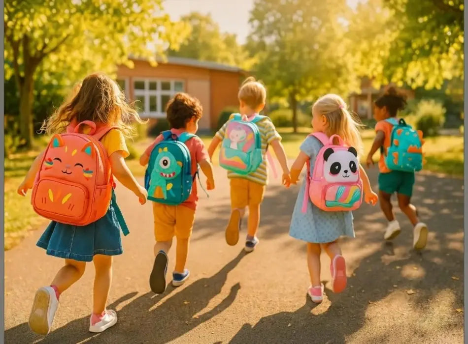 Enfants avec sacs à dos colorés sur le chemin de l’école maternelle