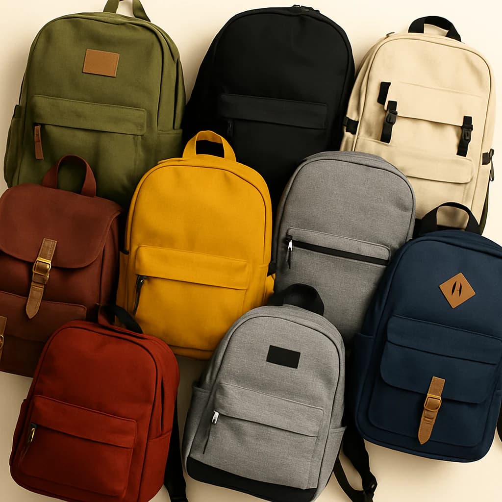 Plusieurs sacs à dos en toile de différentes  couleurs présentés en photo studio