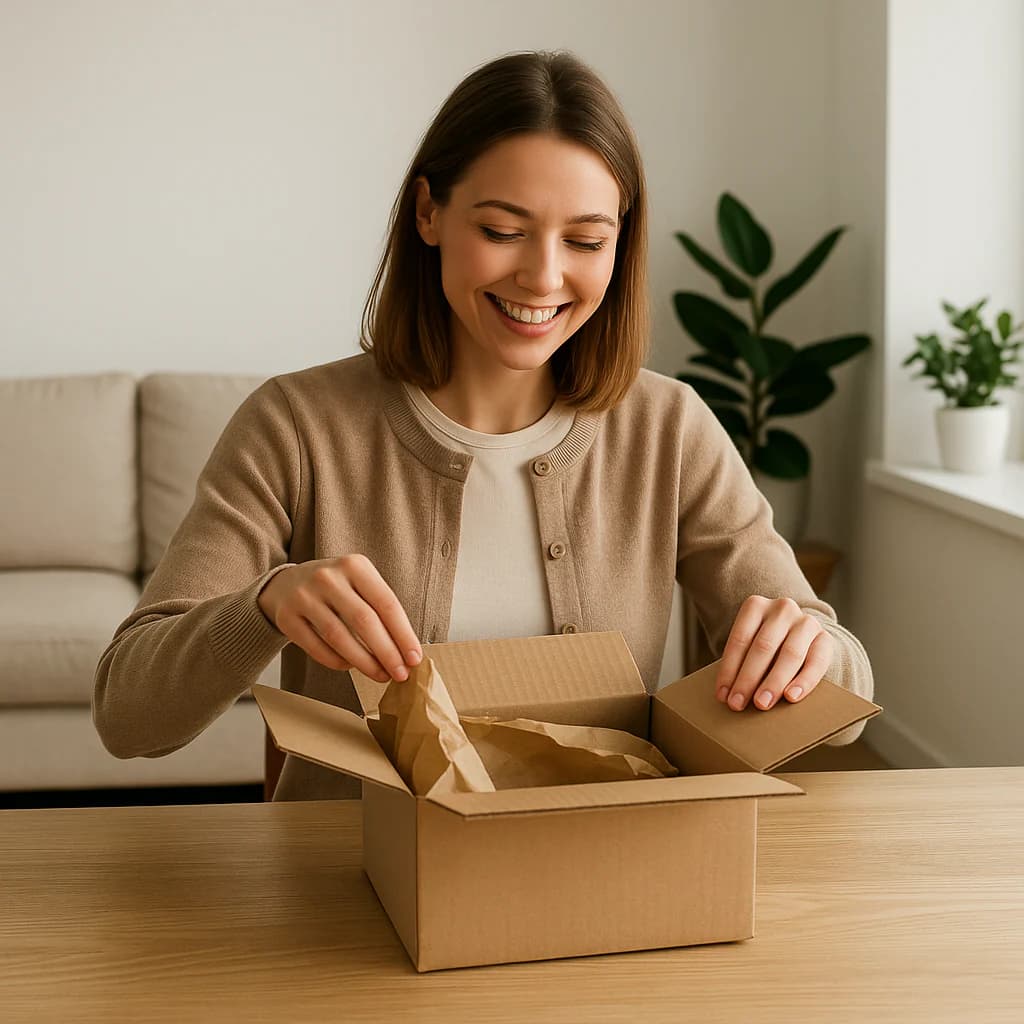 Service après-vente avec cliente ouvrant un colis sur la page Conditions de service