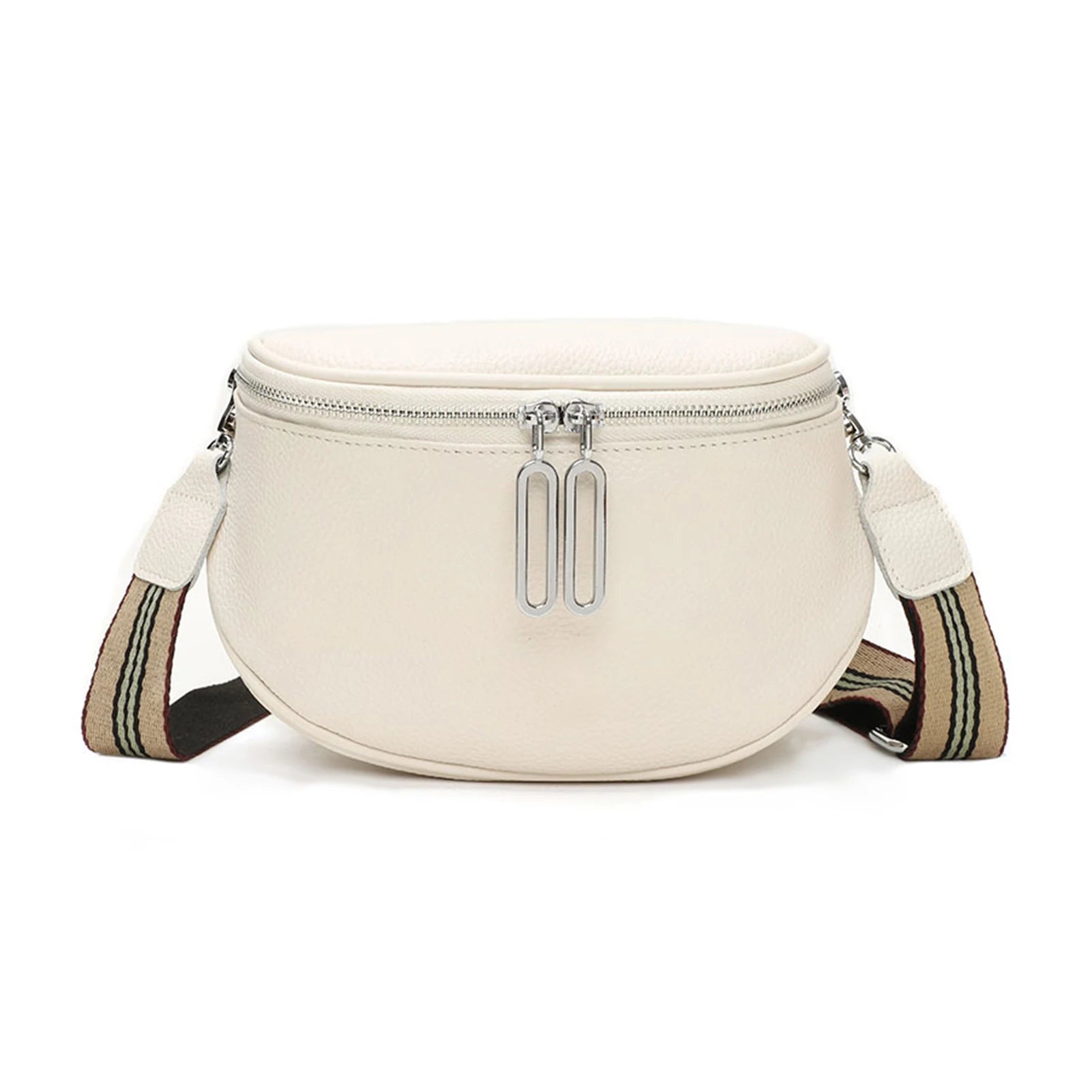Vue de face du sac banane femme en cuir véritable blanc avec fermeture zip double.
