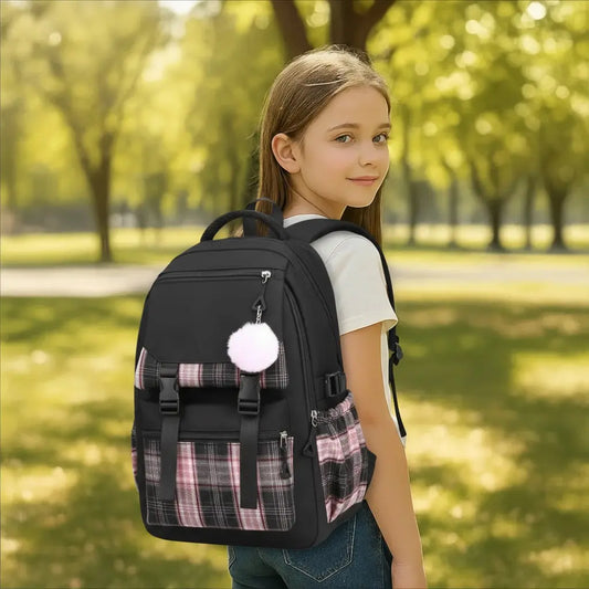 Sac à dos scolaire fille motif carreau – Primaire & collège