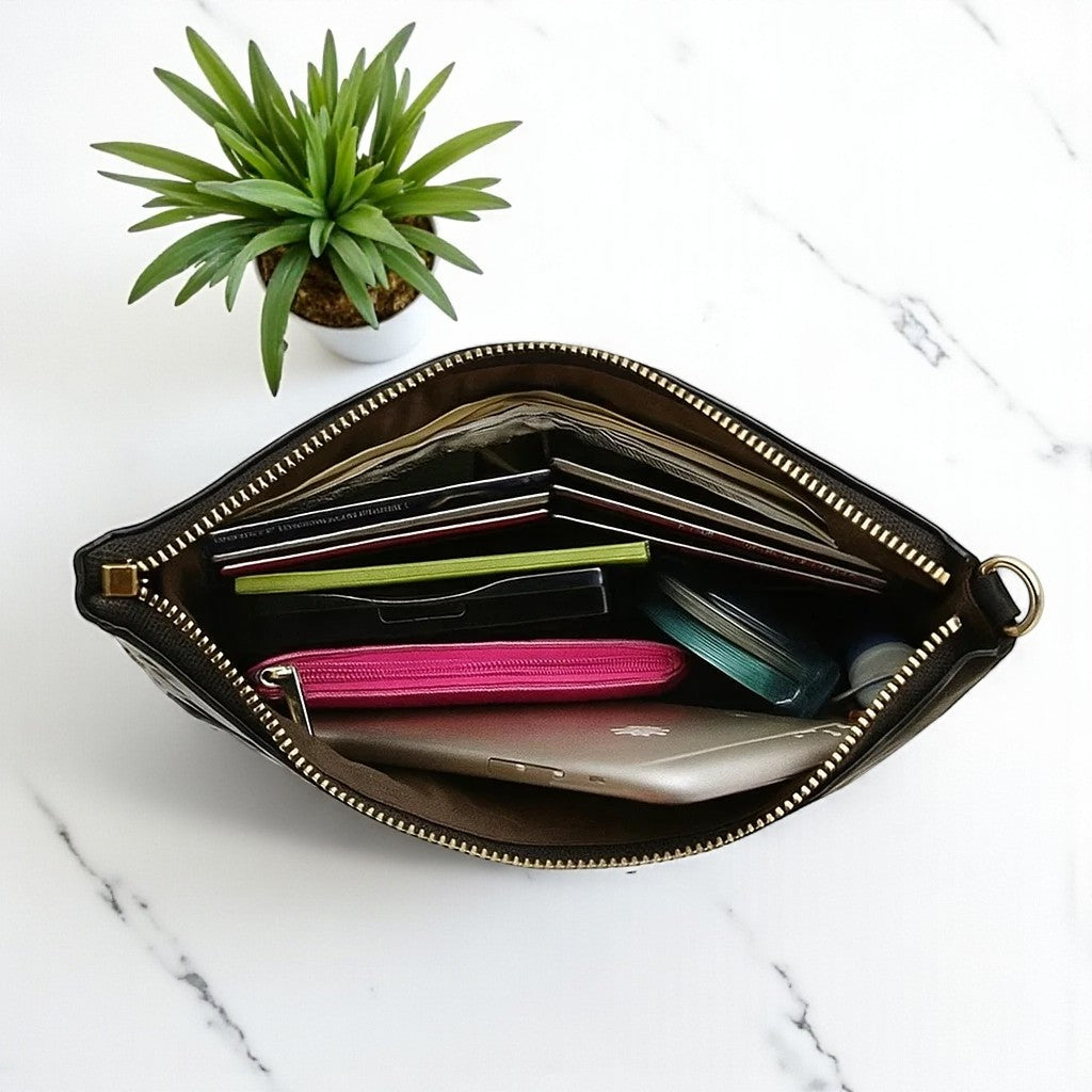 Vue intérieure d’un sac à bandoulière pour femme en cuir noir véritable, compartiments organisés