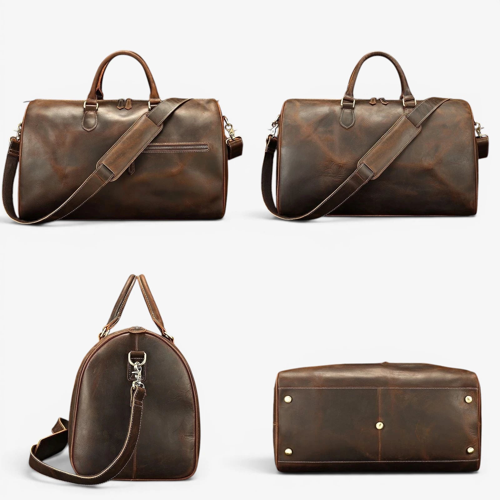 Différentes vues du sac de voyage en cuir de vachette avec bandoulière, profil et fond