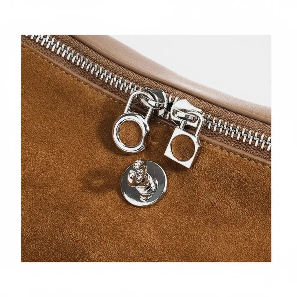 Détail de la fermeture zippée du sac en cuir de vachette suédé