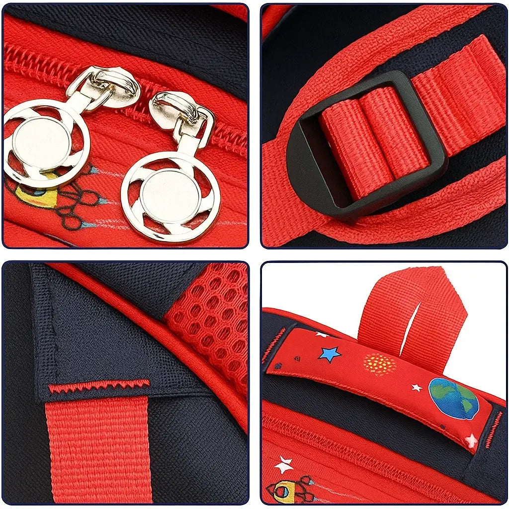 Détails des finitions et fermetures du sac à dos rouge pour enfant